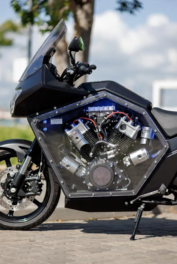 A photograph of a hybrid motorcycle with a transparent engine display, parked outdoors in a modern style.