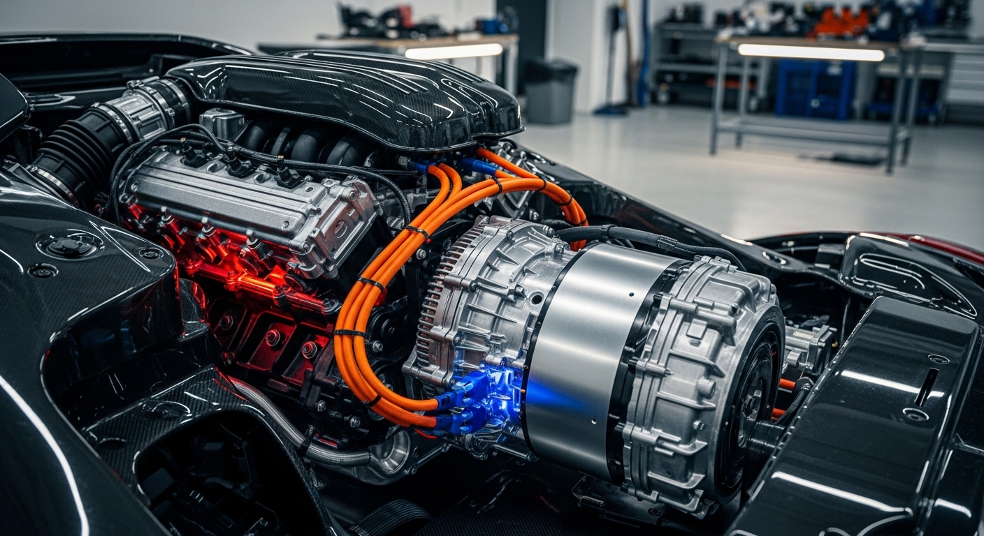 A detailed view of the Ferrari SC40's advanced hybrid powertrain