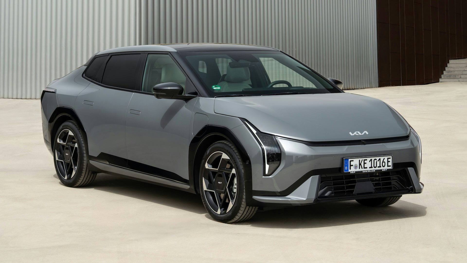 Grey 2025 Kia EV4 Fastback parked, front quarter angle.