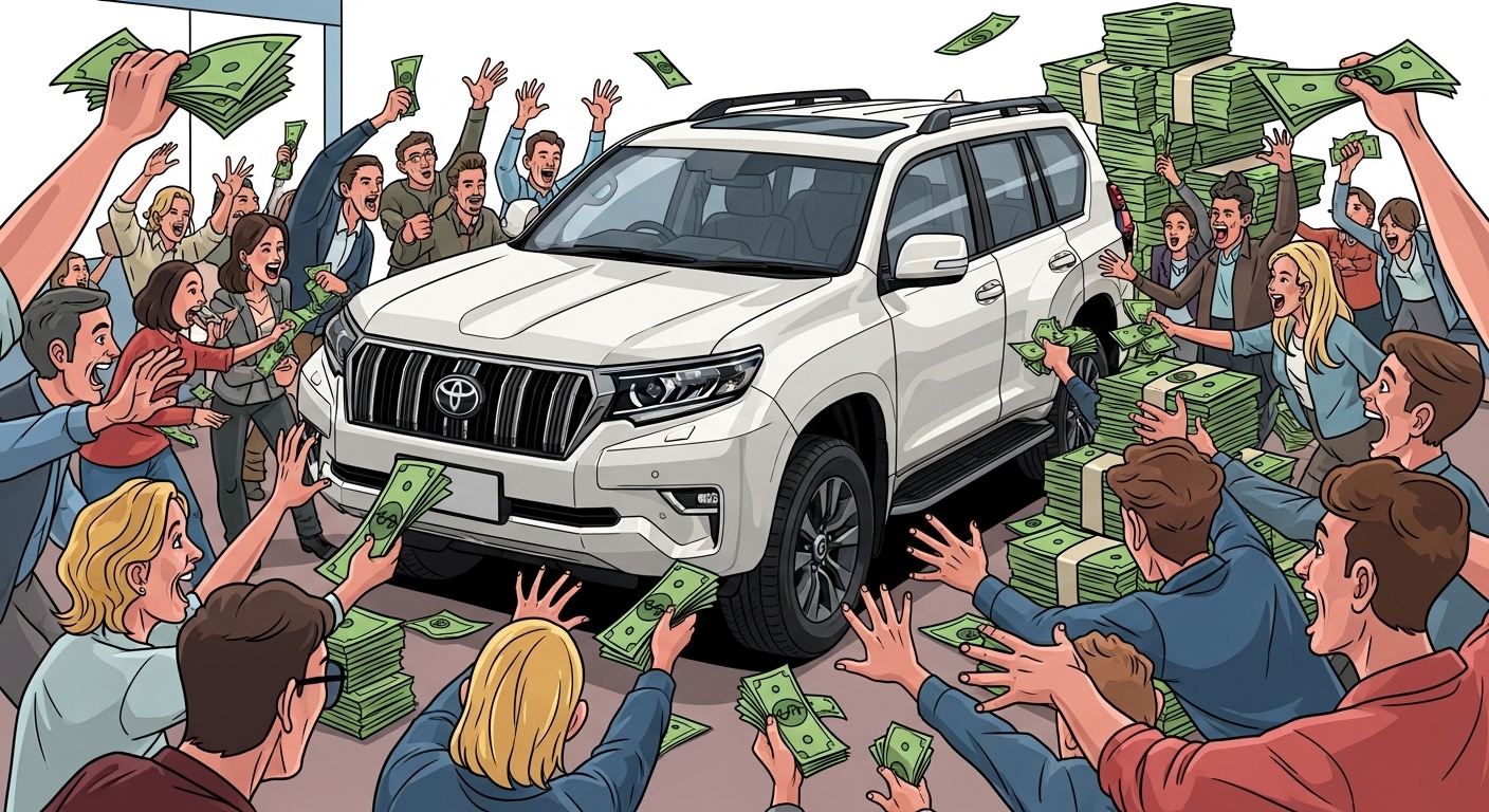 Vibrant vector illustration of a new Toyota Prado surrounded by eager customers and stacks of extra cash