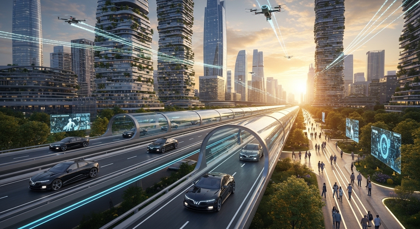 A futuristic smart city where VinFast Robocars provide seamless autonomous personal mobility